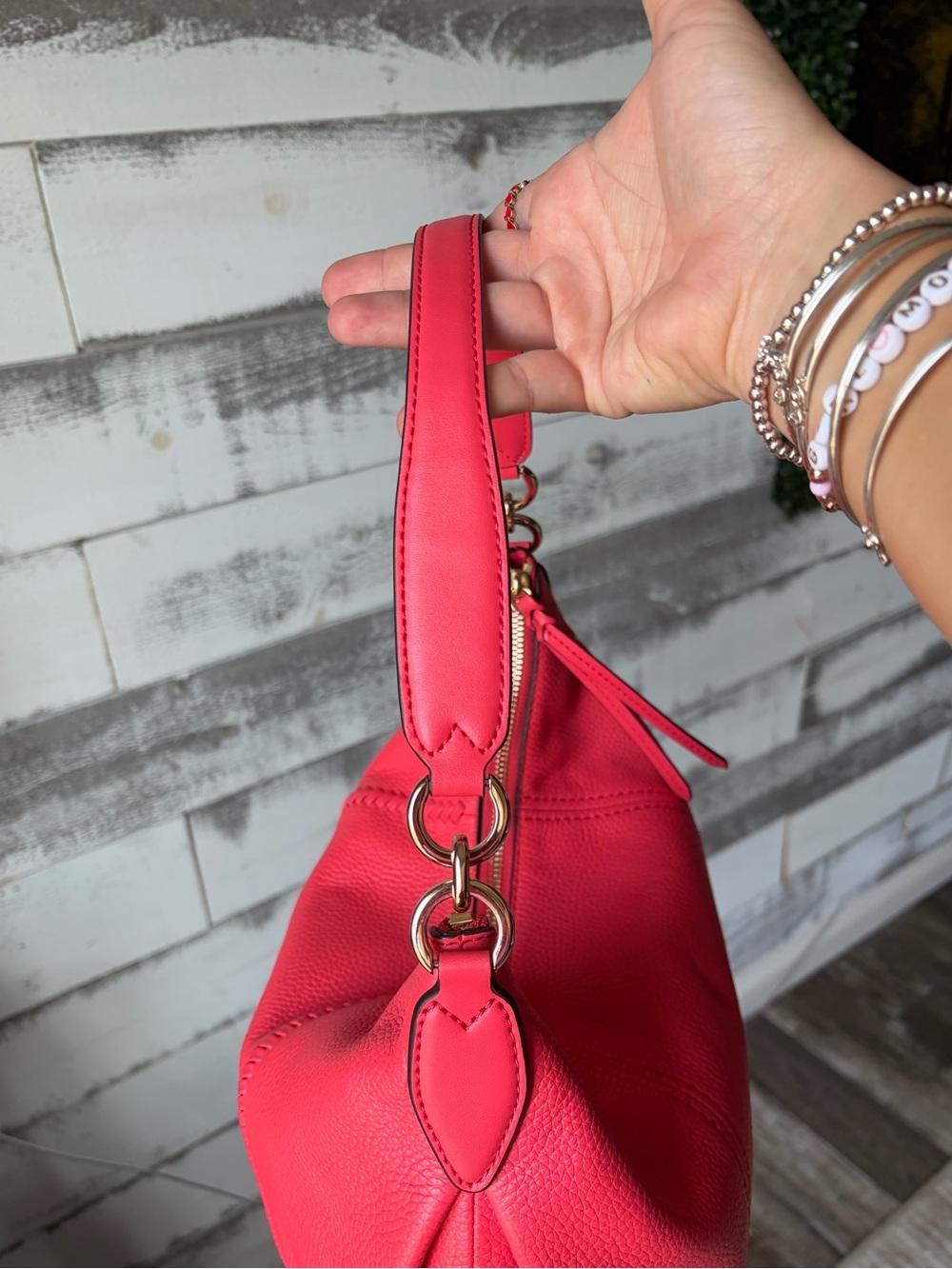 Michael Kors Large Pebbled Leather Whipstitch Hobo Shoulder Coral Pink NWT - Picture 7 of 14